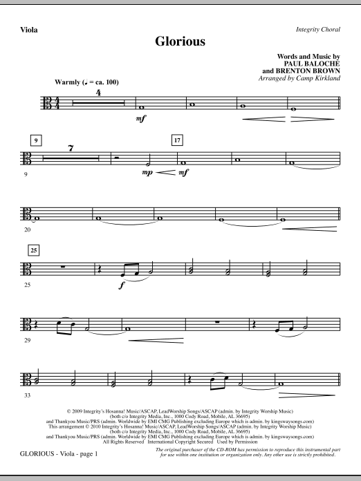 Preview Camp Kirkland Glorious - Viola Contemporary sheet music, notes and chords for Choir Instrumental Pak, SKU: 295841 Glorious - Viola sheet music