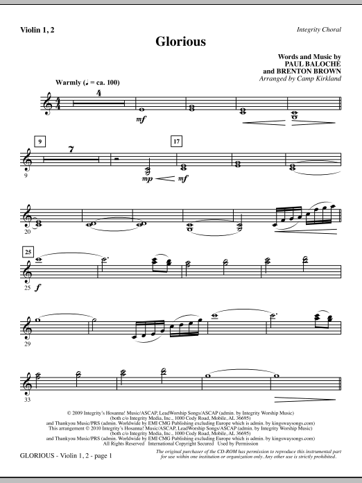 Preview Camp Kirkland Glorious - Violin 1, 2 Romantic sheet music, notes and chords for Choir Instrumental Pak, SKU: 295564 Glorious - Violin 1, 2 sheet music