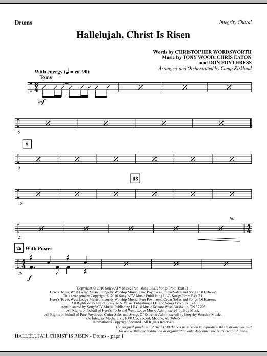 Preview Camp Kirkland Hallelujah, Christ Is Risen - Drums Romantic sheet music, notes and chords for Choir Instrumental Pak, SKU: 296108 Hallelujah, Christ Is Risen - Drums sheet music