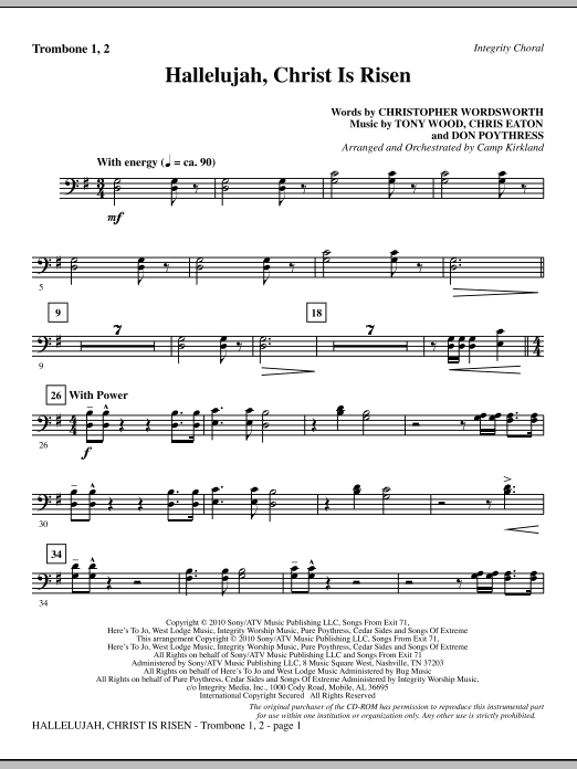 Preview Camp Kirkland Hallelujah, Christ Is Risen - Trombone 1 & 2 Romantic sheet music, notes and chords for Choir Instrumental Pak, SKU: 296105 Hallelujah, Christ Is Risen - Trombone 1 & 2 sheet music