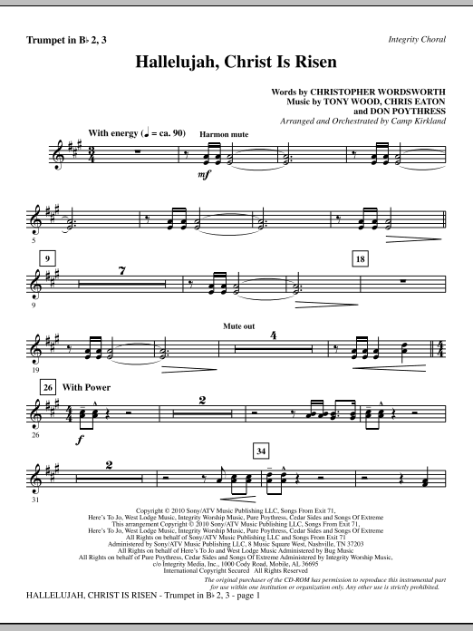 Preview Camp Kirkland Hallelujah, Christ Is Risen - Trumpet 2 & 3 Romantic sheet music, notes and chords for Choir Instrumental Pak, SKU: 296103 Hallelujah, Christ Is Risen - Trumpet 2 & 3 sheet music
