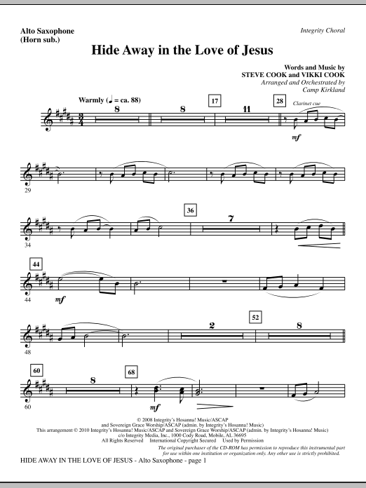 Preview Camp Kirkland Hide Away In The Love Of Jesus - Alto Sax (sub. Horn) Contemporary sheet music, notes and chords for Choir Instrumental Pak, SKU: 295760 Hide Away In The Love Of Jesus - Alto Sax (sub. Horn) sheet music