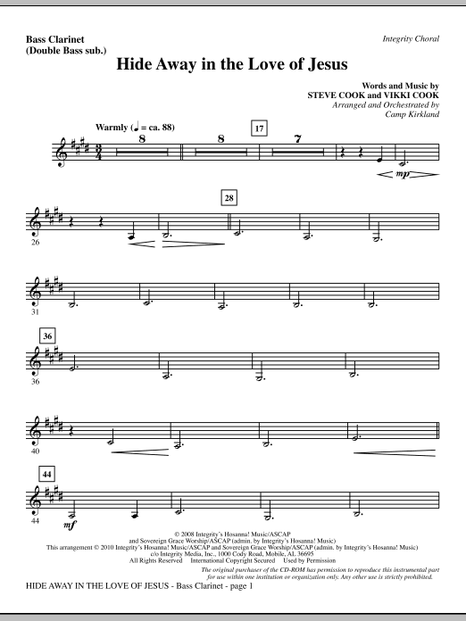 Preview Camp Kirkland Hide Away In The Love Of Jesus - Bass Clarinet (sub. dbl bass) Contemporary sheet music, notes and chords for Choir Instrumental Pak, SKU: 295762 Hide Away In The Love Of Jesus - Bass Clarinet (sub. dbl bass) sheet music