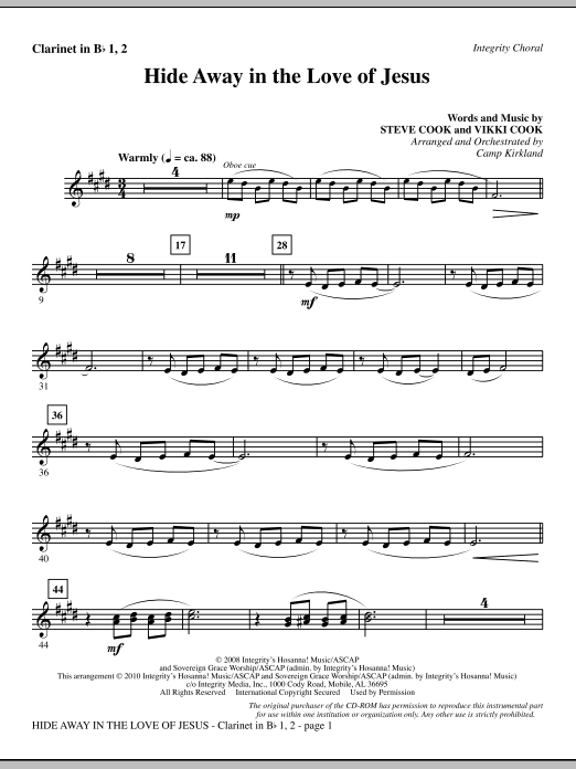 Preview Camp Kirkland Hide Away In The Love Of Jesus - Clarinet 1 & 2 Contemporary sheet music, notes and chords for Choir Instrumental Pak, SKU: 295728 Hide Away In The Love Of Jesus - Clarinet 1 & 2 sheet music