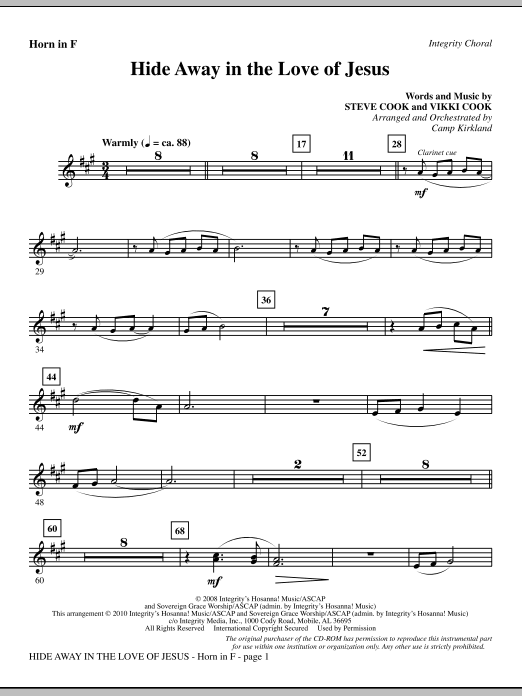 Preview Camp Kirkland Hide Away In The Love Of Jesus - Horn 1 & 2 Contemporary sheet music, notes and chords for Choir Instrumental Pak, SKU: 295731 Hide Away In The Love Of Jesus - Horn 1 & 2 sheet music