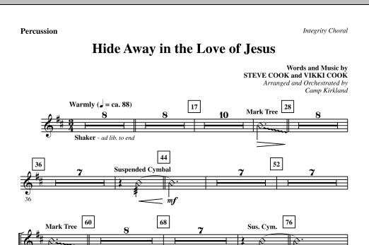 Preview Camp Kirkland Hide Away In The Love Of Jesus - Percussion Contemporary sheet music, notes and chords for Choir Instrumental Pak, SKU: 295734 Hide Away In The Love Of Jesus - Percussion sheet music