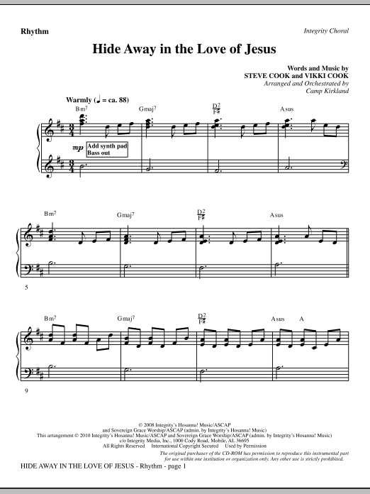 Preview Camp Kirkland Hide Away In The Love Of Jesus - Rhythm Contemporary sheet music, notes and chords for Choir Instrumental Pak, SKU: 295755 Hide Away In The Love Of Jesus - Rhythm sheet music