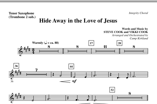 Preview Camp Kirkland Hide Away In The Love Of Jesus - Tenor Sax (sub. Tbn 2) Contemporary sheet music, notes and chords for Choir Instrumental Pak, SKU: 295761 Hide Away In The Love Of Jesus - Tenor Sax (sub. Tbn 2) sheet music