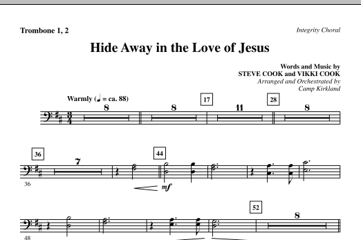 Preview Camp Kirkland Hide Away In The Love Of Jesus - Trombone 1 & 2 Contemporary sheet music, notes and chords for Choir Instrumental Pak, SKU: 295732 Hide Away In The Love Of Jesus - Trombone 1 & 2 sheet music