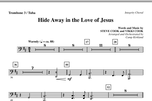 Preview Camp Kirkland Hide Away In The Love Of Jesus - Trombone 3/Tuba Contemporary sheet music, notes and chords for Choir Instrumental Pak, SKU: 295733 Hide Away In The Love Of Jesus - Trombone 3/Tuba sheet music