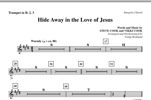 Preview Camp Kirkland Hide Away In The Love Of Jesus - Trumpet 2 & 3 Contemporary sheet music, notes and chords for Choir Instrumental Pak, SKU: 295730 Hide Away In The Love Of Jesus - Trumpet 2 & 3 sheet music