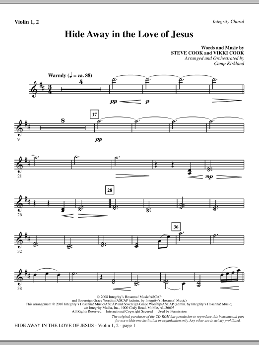 Preview Camp Kirkland Hide Away In The Love Of Jesus - Violin 1, 2 Contemporary sheet music, notes and chords for Choir Instrumental Pak, SKU: 295756 Hide Away In The Love Of Jesus - Violin 1, 2 sheet music
