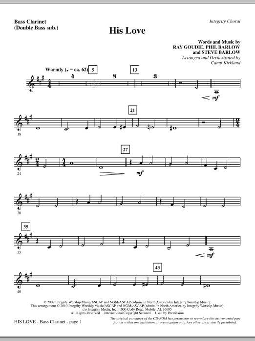 Preview Camp Kirkland His Love - Bass Clarinet (sub. dbl bass) Romantic sheet music, notes and chords for Choir Instrumental Pak, SKU: 296031 His Love - Bass Clarinet (sub. dbl bass) sheet music