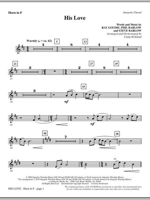 Preview Camp Kirkland His Love - F Horn Romantic sheet music, notes and chords for Choir Instrumental Pak, SKU: 296018 His Love - F Horn sheet music