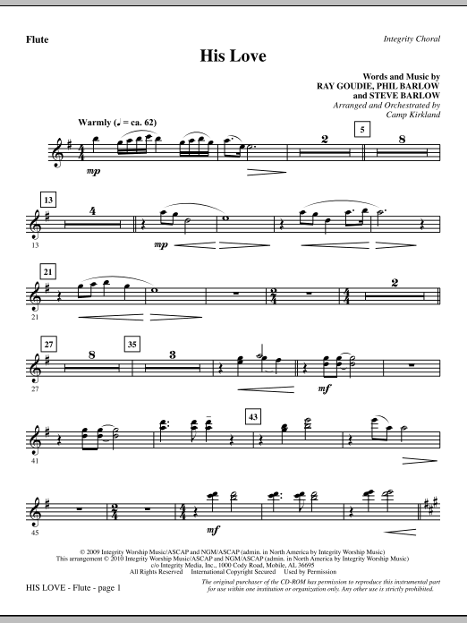 Preview Camp Kirkland His Love - Flute Romantic sheet music, notes and chords for Choir Instrumental Pak, SKU: 296013 His Love - Flute sheet music