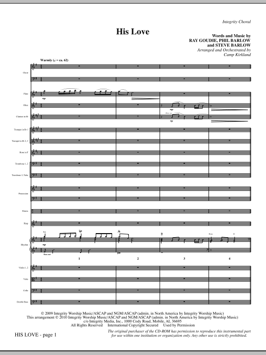 Preview Camp Kirkland His Love - Full Score Romantic sheet music, notes and chords for Choir Instrumental Pak, SKU: 296012 His Love - Full Score sheet music
