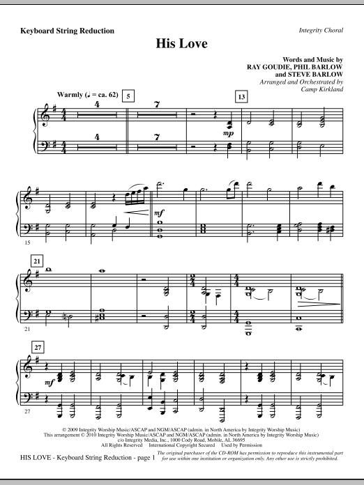 Preview Camp Kirkland His Love - Keyboard String Reduction Romantic sheet music, notes and chords for Choir Instrumental Pak, SKU: 296032 His Love - Keyboard String Reduction sheet music