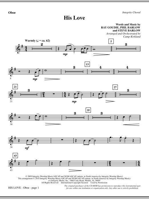 Preview Camp Kirkland His Love - Oboe Romantic sheet music, notes and chords for Choir Instrumental Pak, SKU: 296014 His Love - Oboe sheet music