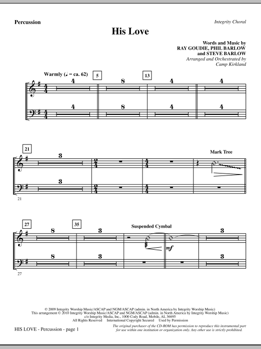 Preview Camp Kirkland His Love - Percussion Romantic sheet music, notes and chords for Choir Instrumental Pak, SKU: 296021 His Love - Percussion sheet music