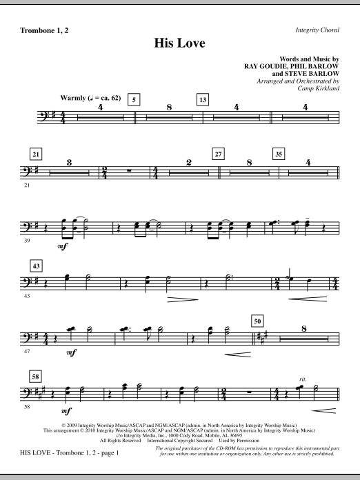 Preview Camp Kirkland His Love - Trombone 1 & 2 Romantic sheet music, notes and chords for Choir Instrumental Pak, SKU: 296019 His Love - Trombone 1 & 2 sheet music