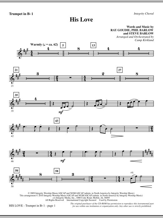 Preview Camp Kirkland His Love - Trumpet 1 Romantic sheet music, notes and chords for Choir Instrumental Pak, SKU: 296016 His Love - Trumpet 1 sheet music
