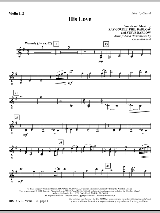 Preview Camp Kirkland His Love - Violin 1, 2 Romantic sheet music, notes and chords for Choir Instrumental Pak, SKU: 296025 His Love - Violin 1, 2 sheet music