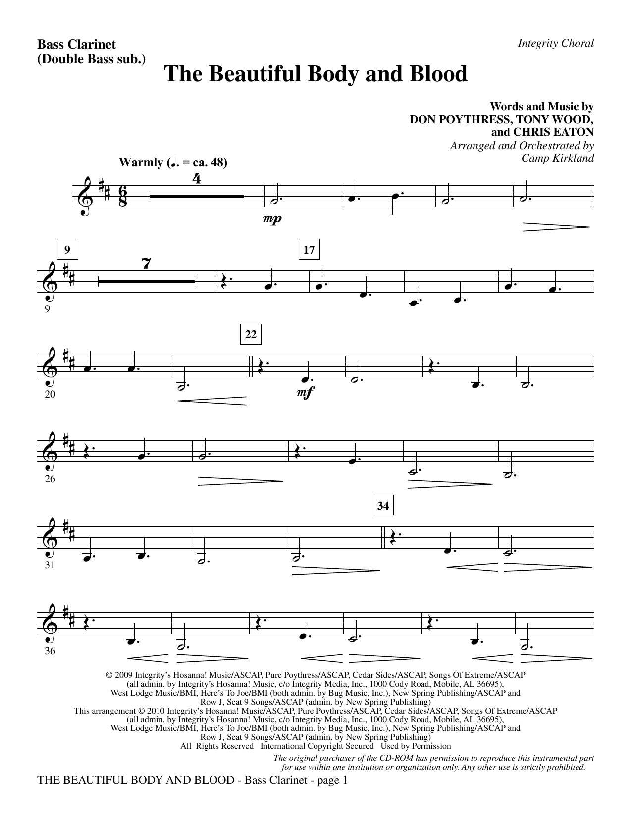 Preview Camp Kirkland The Beautiful Body And Blood - Bass Clarinet (sub. dbl bass) Contemporary sheet music, notes and chords for Choir Instrumental Pak, SKU: 295681 The Beautiful Body And Blood - Bass Clarinet (sub. dbl bass) sheet music