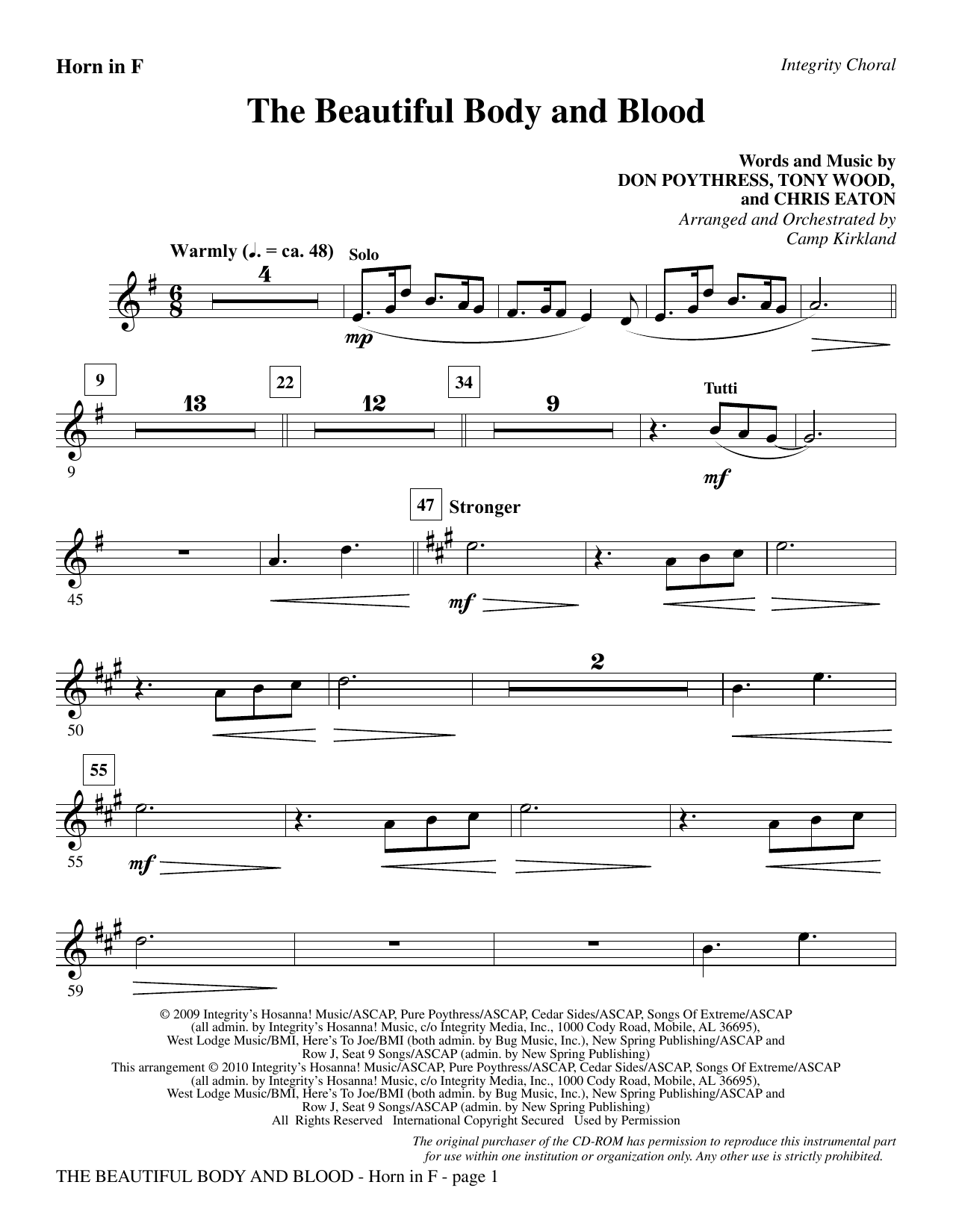 Preview Camp Kirkland The Beautiful Body And Blood - F Horn Contemporary sheet music, notes and chords for Choir Instrumental Pak, SKU: 295668 The Beautiful Body And Blood - F Horn sheet music
