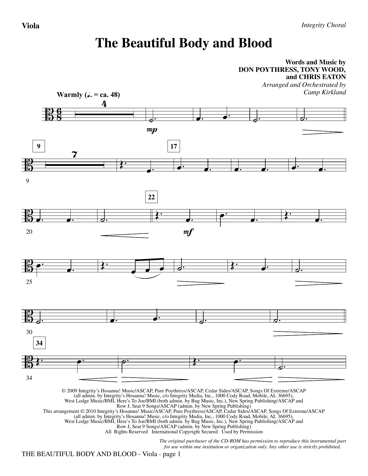 Preview Camp Kirkland The Beautiful Body And Blood - Viola Contemporary sheet music, notes and chords for Choir Instrumental Pak, SKU: 295676 The Beautiful Body And Blood - Viola sheet music