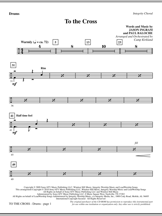 Preview Camp Kirkland To The Cross - Drums Contemporary sheet music, notes and chords for Choir Instrumental Pak, SKU: 296255 To The Cross - Drums sheet music
