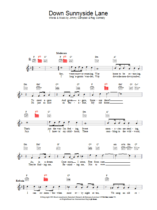 Jimmy Campbell and Reg Connelly Down Sunnyside Lane Sheet Music Notes & Chords for Melody Line, Lyrics & Chords - Download or Print PDF