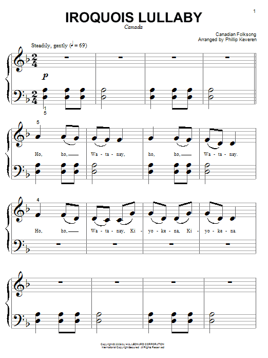 Preview Canadian Folksong Iroquois Lullaby Folk sheet music, notes and chords for Piano (Big Notes), SKU: 68321 Iroquois Lullaby sheet music