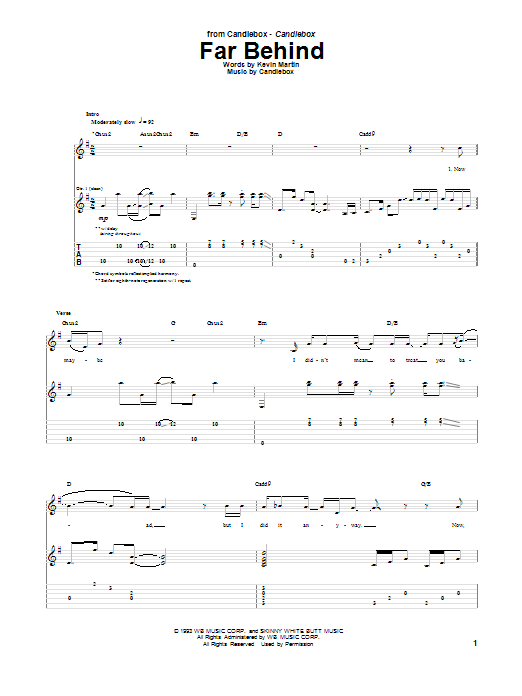 Candlebox Far Behind Sheet Music Notes & Chords for Guitar Tab - Download or Print PDF
