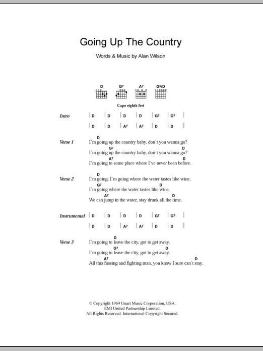 Canned Heat Going Up The Country Sheet Music Notes & Chords for Lyrics & Chords - Download or Print PDF