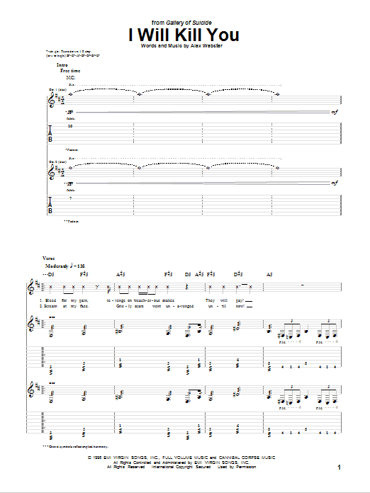 Cannibal Corpse I Will Kill You Sheet Music Notes & Chords for Guitar Tab - Download or Print PDF