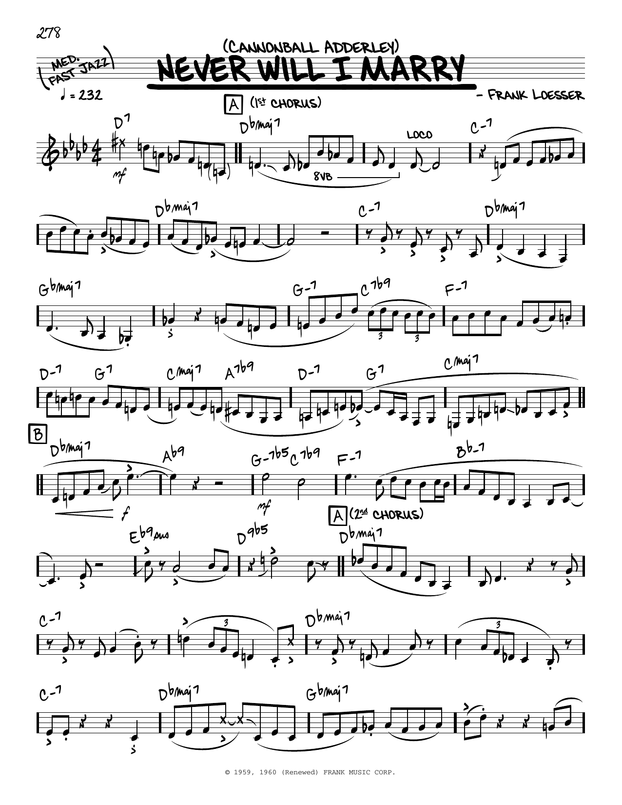 Cannonball Adderley Never Will I Marry (solo only) Sheet Music Notes & Chords for Real Book – Melody & Chords - Download or Print PDF