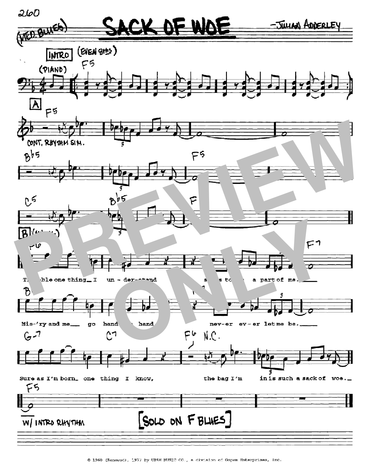 Cannonball Adderley Sack Of Woe Sheet Music Notes & Chords for Real Book – Melody, Lyrics & Chords - Download or Print PDF