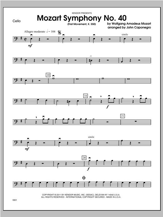 Preview Caponegro Mozart Symphony No. 40 (First Movement, K. 550) - Cello Classical sheet music, notes and chords for Orchestra, SKU: 315767 Mozart Symphony No. 40 (First Movement, K. 550) - Cello sheet music