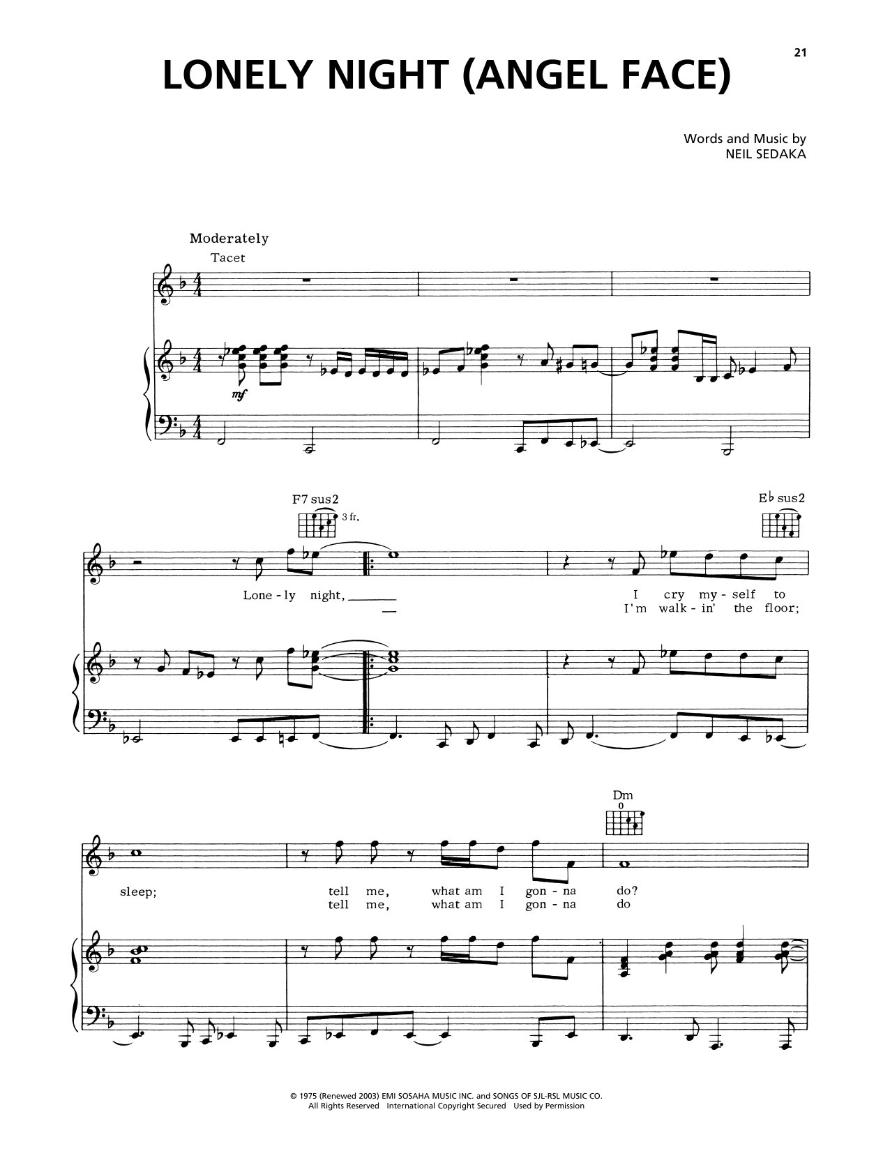 Captain & Tennille Lonely Night (Angel Face) Sheet Music Notes & Chords for Piano, Vocal & Guitar Chords (Right-Hand Melody) - Download or Print PDF