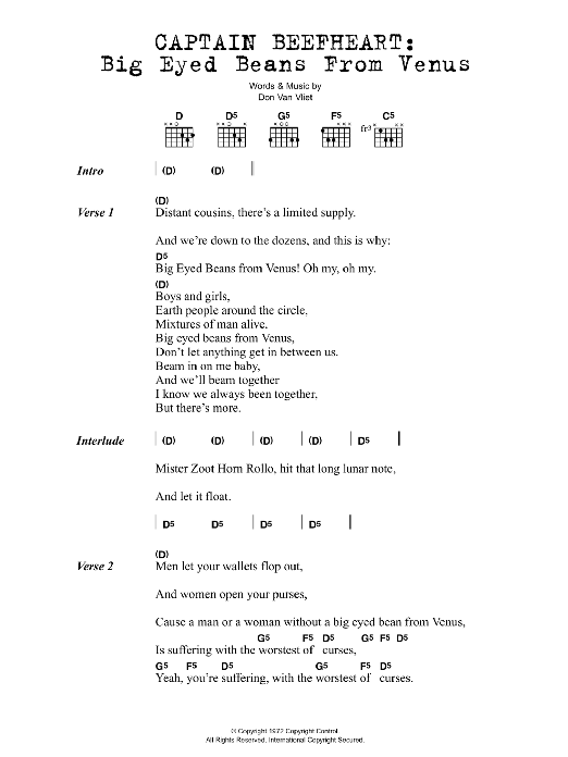 Captain Beefheart Big Eyed Beans From Venus Sheet Music Notes & Chords for Lyrics & Chords - Download or Print PDF