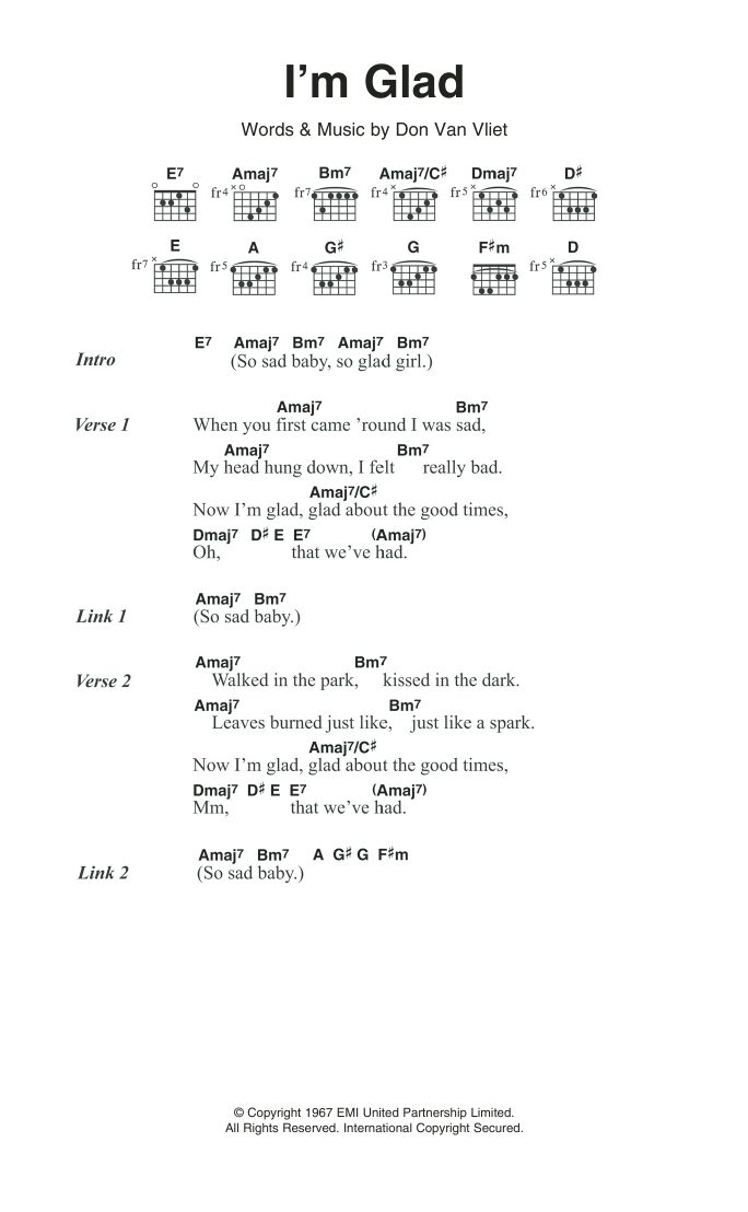 Captain Beefheart I'm Glad Sheet Music Notes & Chords for Lyrics & Chords - Download or Print PDF