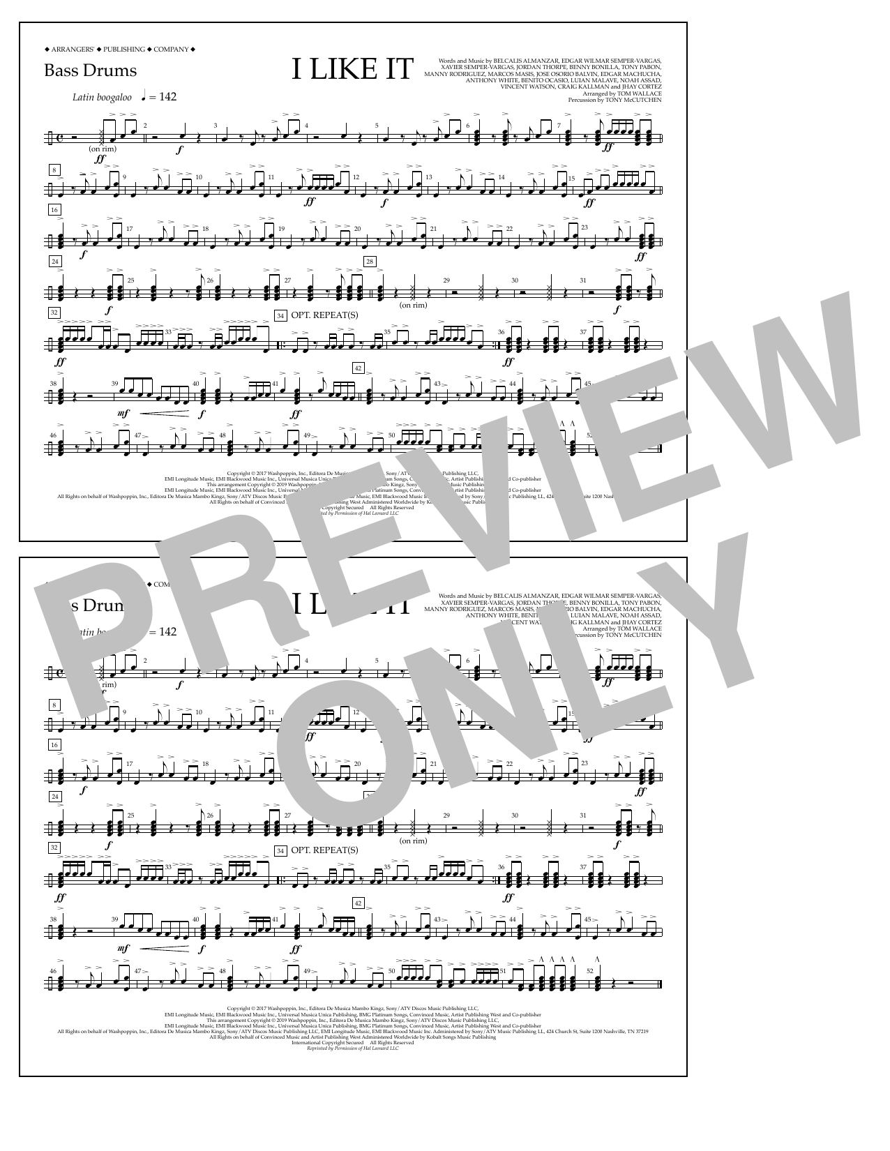 Cardi B, Bad Bunny & J Balvin I Like It (arr. Tom Wallace) - Bass Drums Sheet Music Notes & Chords for Marching Band - Download or Print PDF