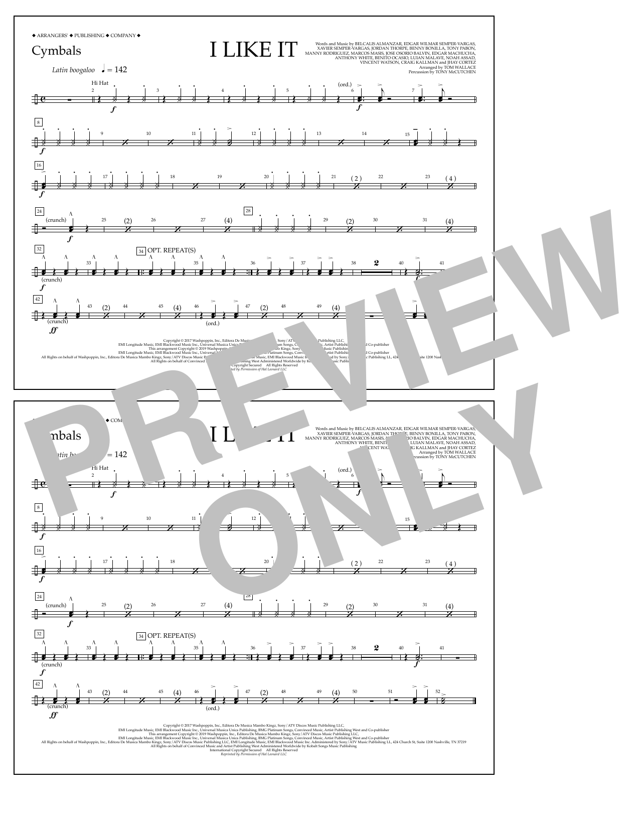 Cardi B, Bad Bunny & J Balvin I Like It (arr. Tom Wallace) - Cymbals Sheet Music Notes & Chords for Marching Band - Download or Print PDF