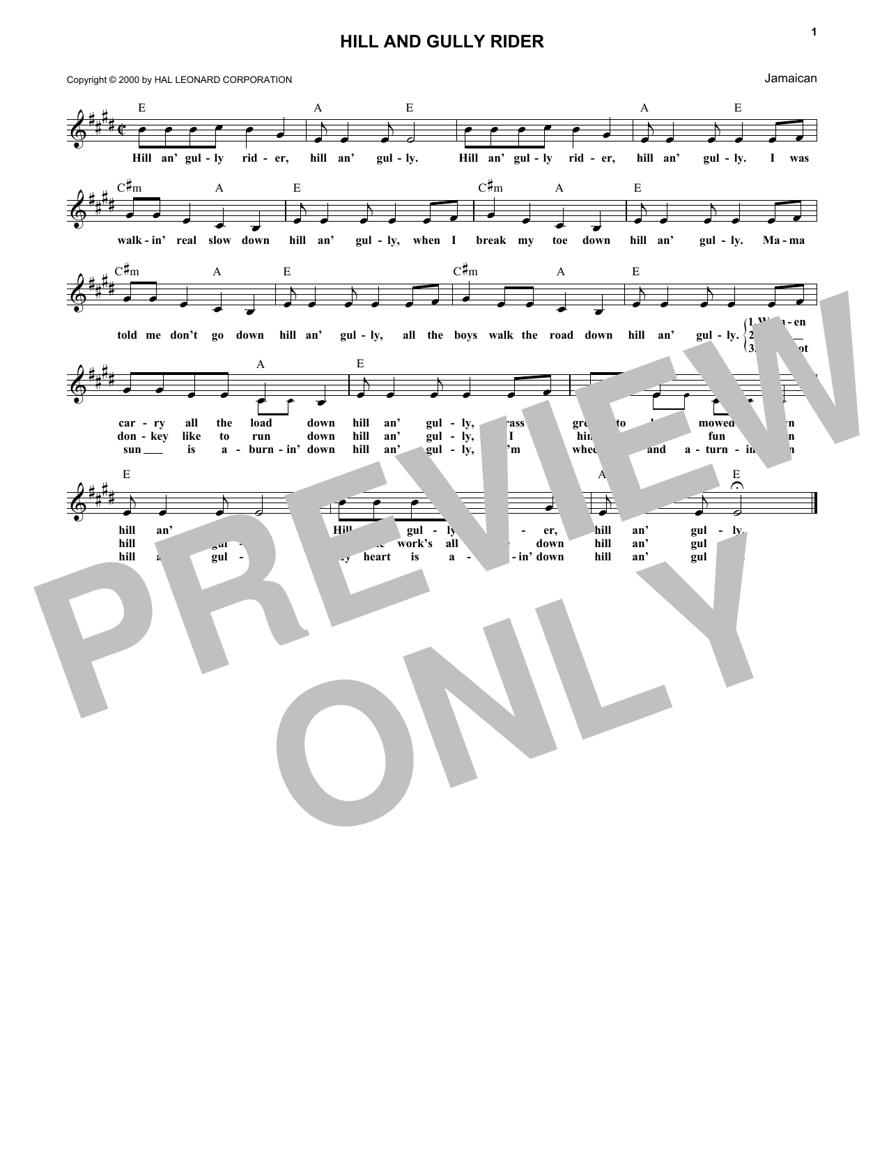 Caribbean Hill And Gully Rider Sheet Music Notes & Chords for Melody Line, Lyrics & Chords - Download or Print PDF