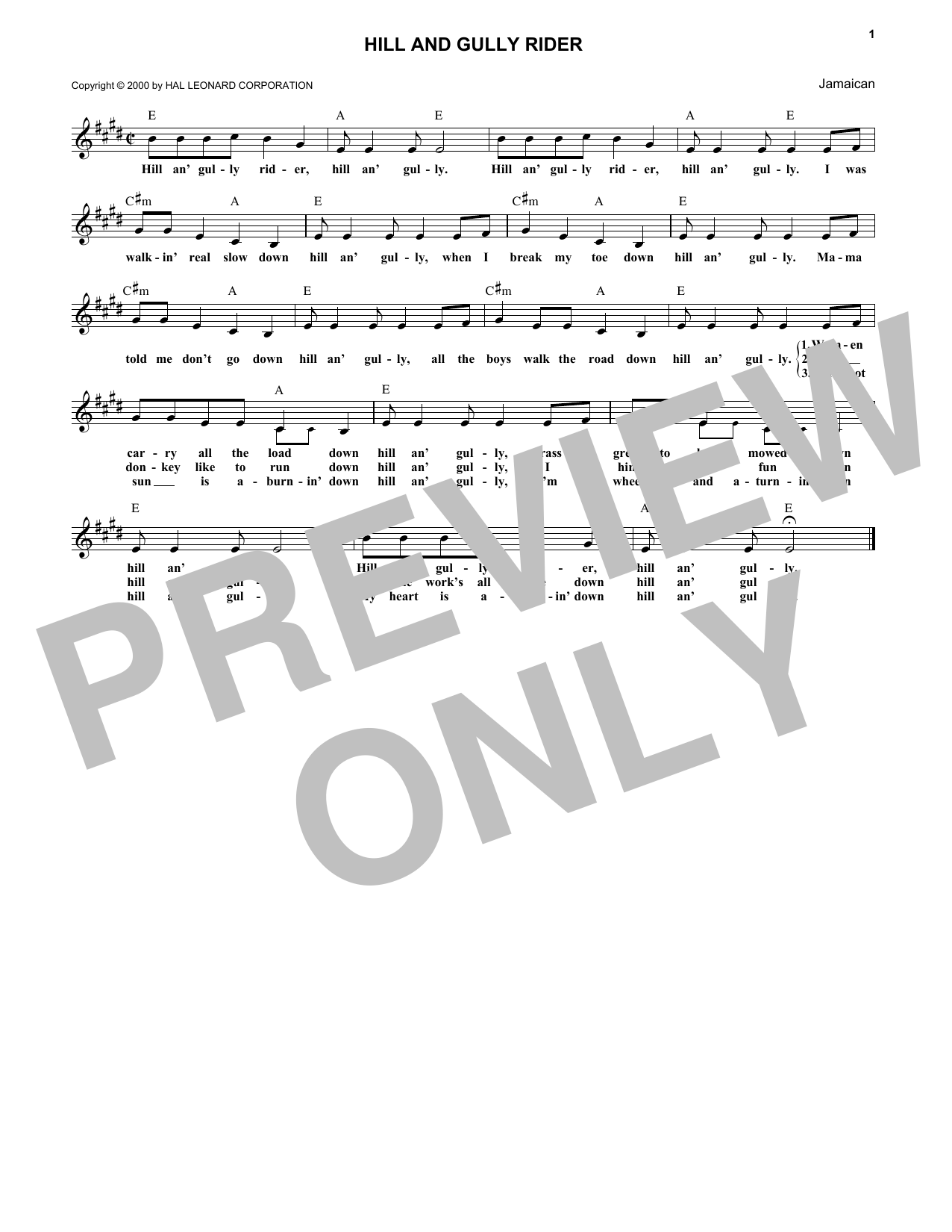 Preview Caribbean Hill And Gully Rider Folk sheet music, notes and chords for Melody Line, Lyrics & Chords, SKU: 172675 Hill And Gully Rider sheet music