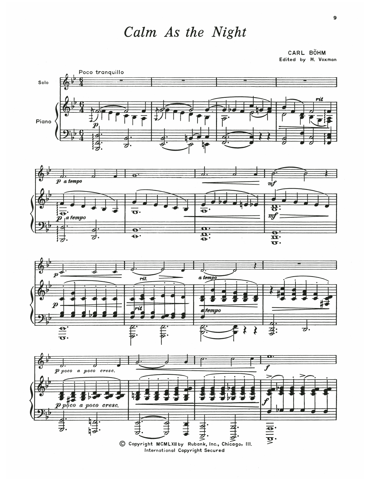 Carl Bohm Calm As The Night (Still Wie Die Nacht) Sheet Music Notes & Chords for Baritone T.C. and Piano - Download or Print PDF