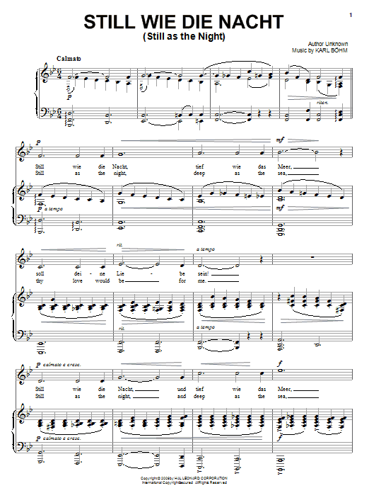 Carl Bohm Still Wie Die Nacht (Still As The Night) Sheet Music Notes & Chords for Piano, Vocal & Guitar (Right-Hand Melody) - Download or Print PDF