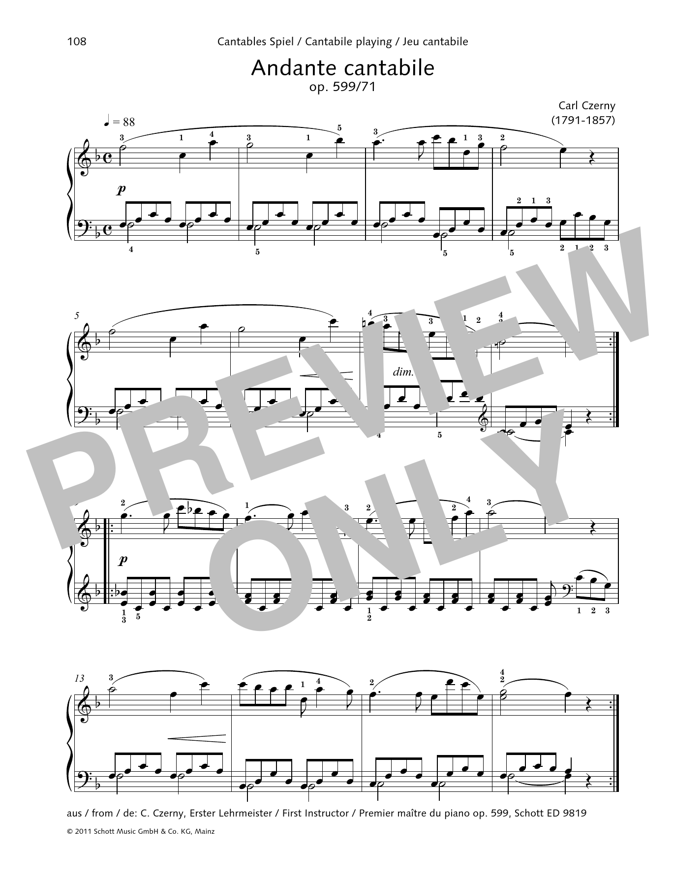 Carl Czerny Andante Cantabile Sheet Music Notes & Chords for Piano Solo - Download or Print PDF
