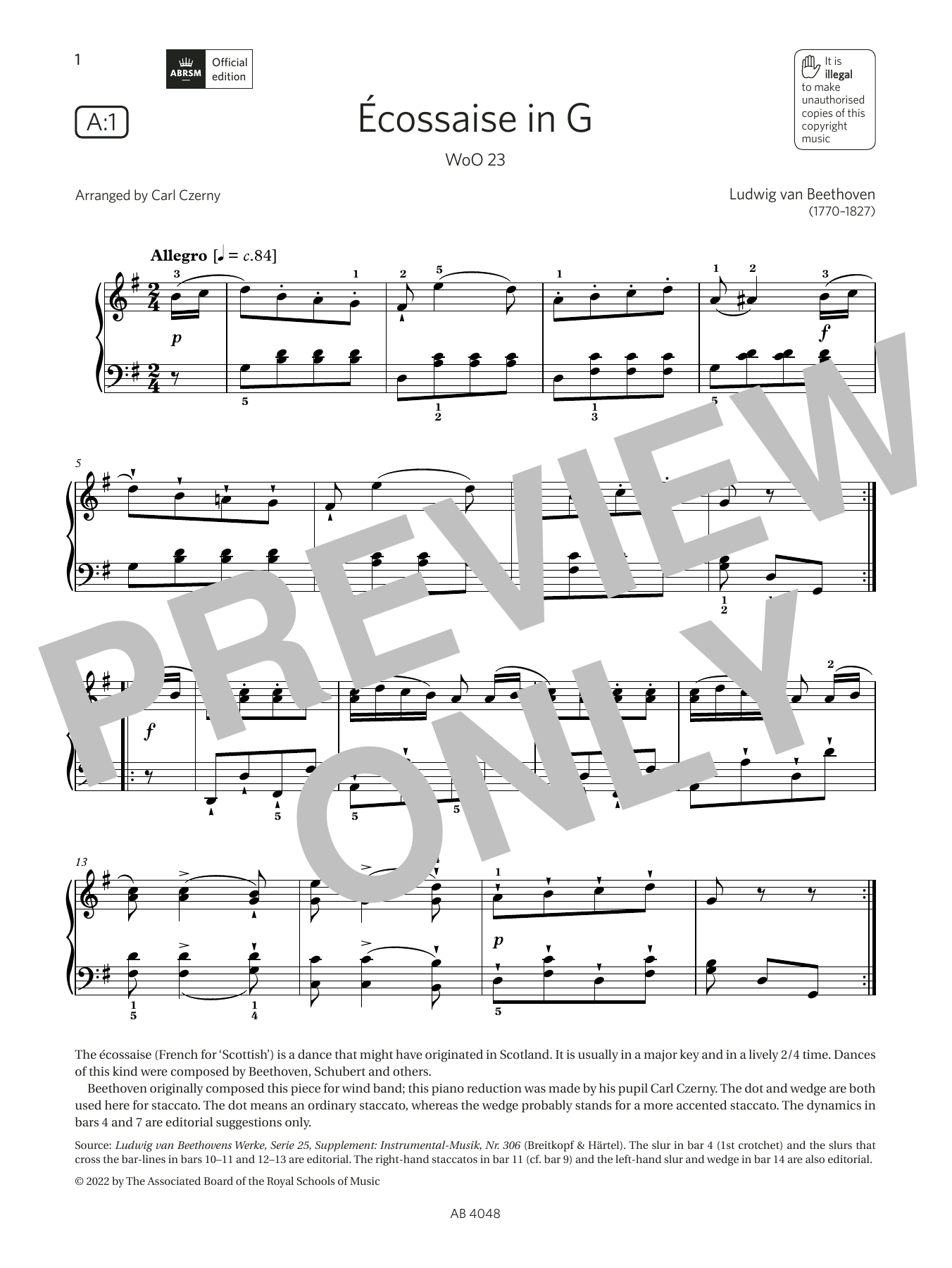 Carl Czerny Écossaise in G (Grade 2, list A1, from the ABRSM Piano Syllabus 2023 & 2024) Sheet Music Notes & Chords for Piano Solo - Download or Print PDF