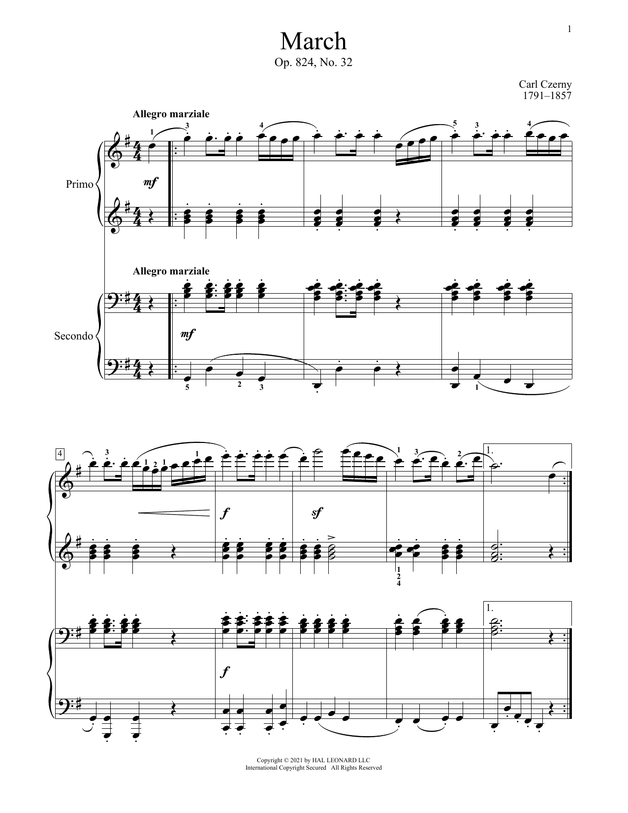 Carl Czerny March, Op. 824, No. 32 Sheet Music Notes & Chords for Piano Duet - Download or Print PDF